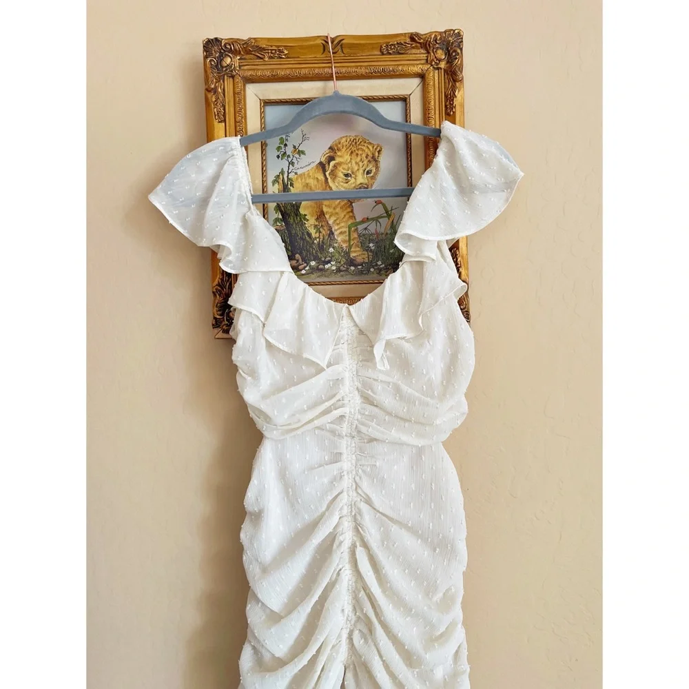 ASTR Ivory Cream Off White Swiss Dot Textured Ruched Ruffle Cut Out Midi Dress - Picture 7 of 17